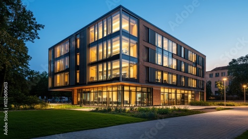 Illuminated modern office building at night