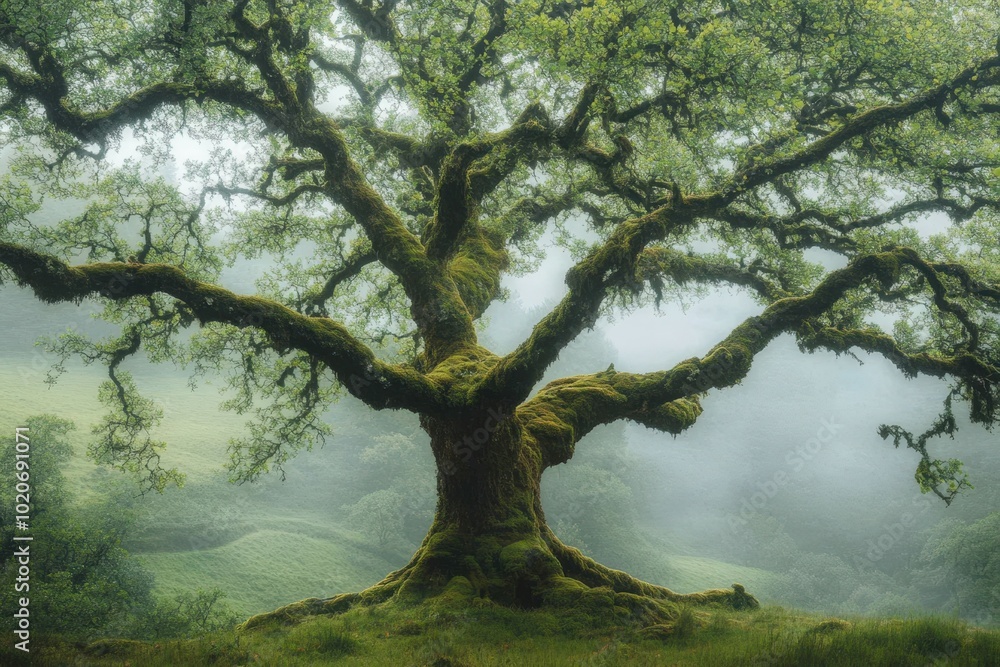 Enchanted forest with ancient twisted tree Enchanted forest with ancient twisted tree