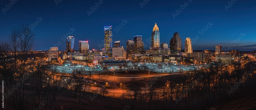 Obraz premium Nighttime View of Charlotte Skyline with Trees in Foreground
