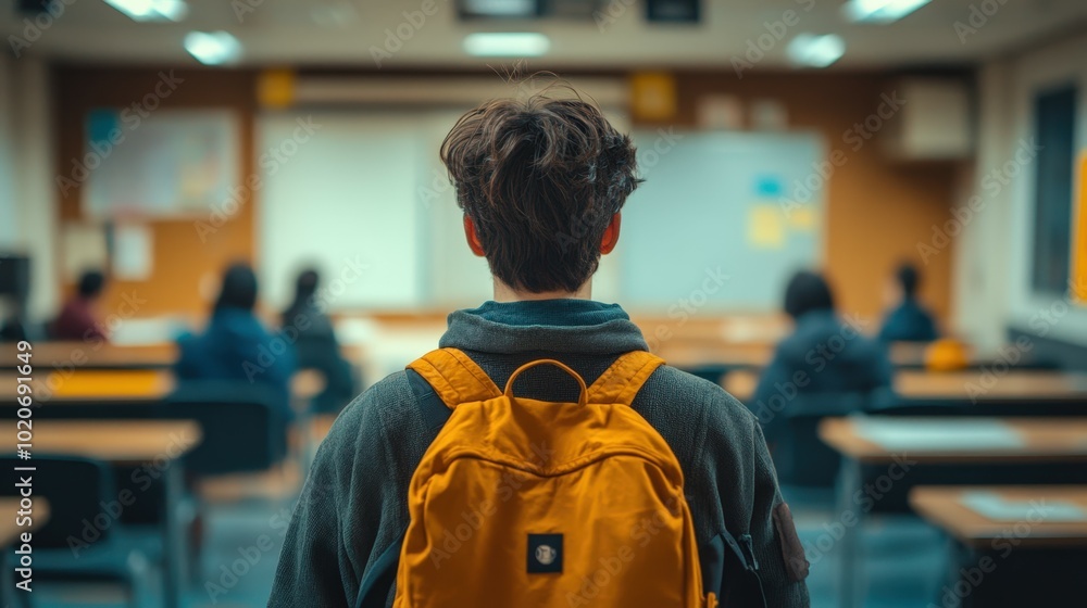student with backpack in classroom student with backpack in classroom