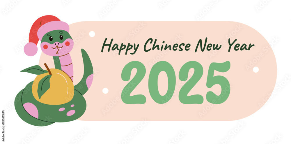 Flat-style illustration of a cute snake in a Santa hat with an orange, celebrating Chinese New Year 2025. Perfect for holiday greetings, festive decorations, and new year designs. Flat-style illustration of a cute snake in a Santa hat with an orange, celebrating Chinese New Year 2025. Perfect for holiday greetings, festive decorations, and new year designs.