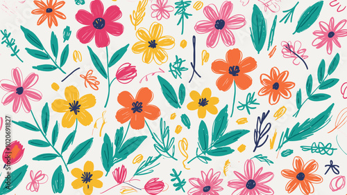 Hand drawn illustration wallpaper background design of plants and flowers