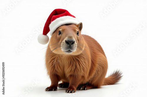 A full-length capybara sits in a Santa Claus hat on a white background