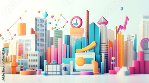 Abstract Cityscape with Colorful Geometric Shapes and Charts