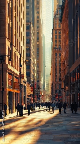 A bustling city street scene showcasing skyscrapers and vibrant urban life under golden sunlight.