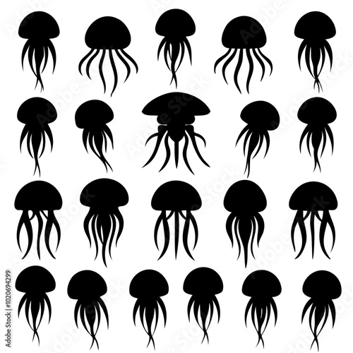 Sets of jellyfish full black silhouette Vector Illustration SVG or Transparent PNG