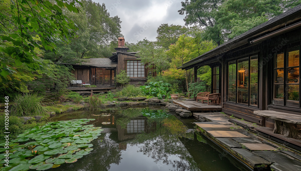 Fototapeta premium AI generator images of wooden house in the middle of a natural garden, Residential house for family. Traditional style home with beautiful landscaping.