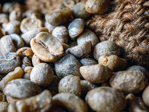 Green coffee beans poured out of a brown sack, Close-up of unroasted coffee bean, macro