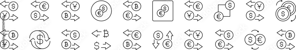 Currency Exchange Outline Image Collection. Editable Stroke. Perfect for Infographics, Articles, Books, Flyers, Banners Currency Exchange Outline Image Collection. Editable Stroke. Perfect for Infographics, Articles, Books, Flyers, Banners