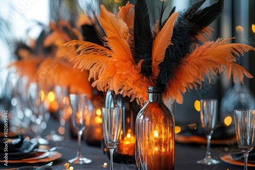 eco-friendly halloween decor, eco-friendly halloween decoration with recycled glass bottles, orange and black feathers ideal for a sustainable celebration photo