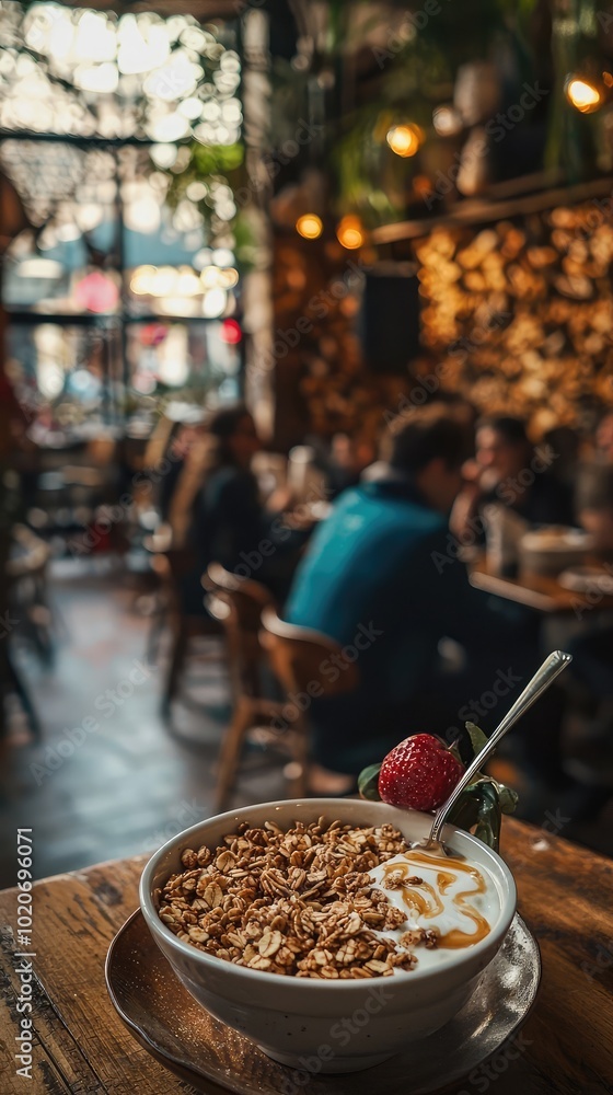 A cozy cafe atmosphere featuring a bowl of yogurt topped with granola and strawberry, perfect for a delicious breakfast. A cozy cafe atmosphere featuring a bowl of yogurt topped with granola and strawberry, perfect for a delicious breakfast.
