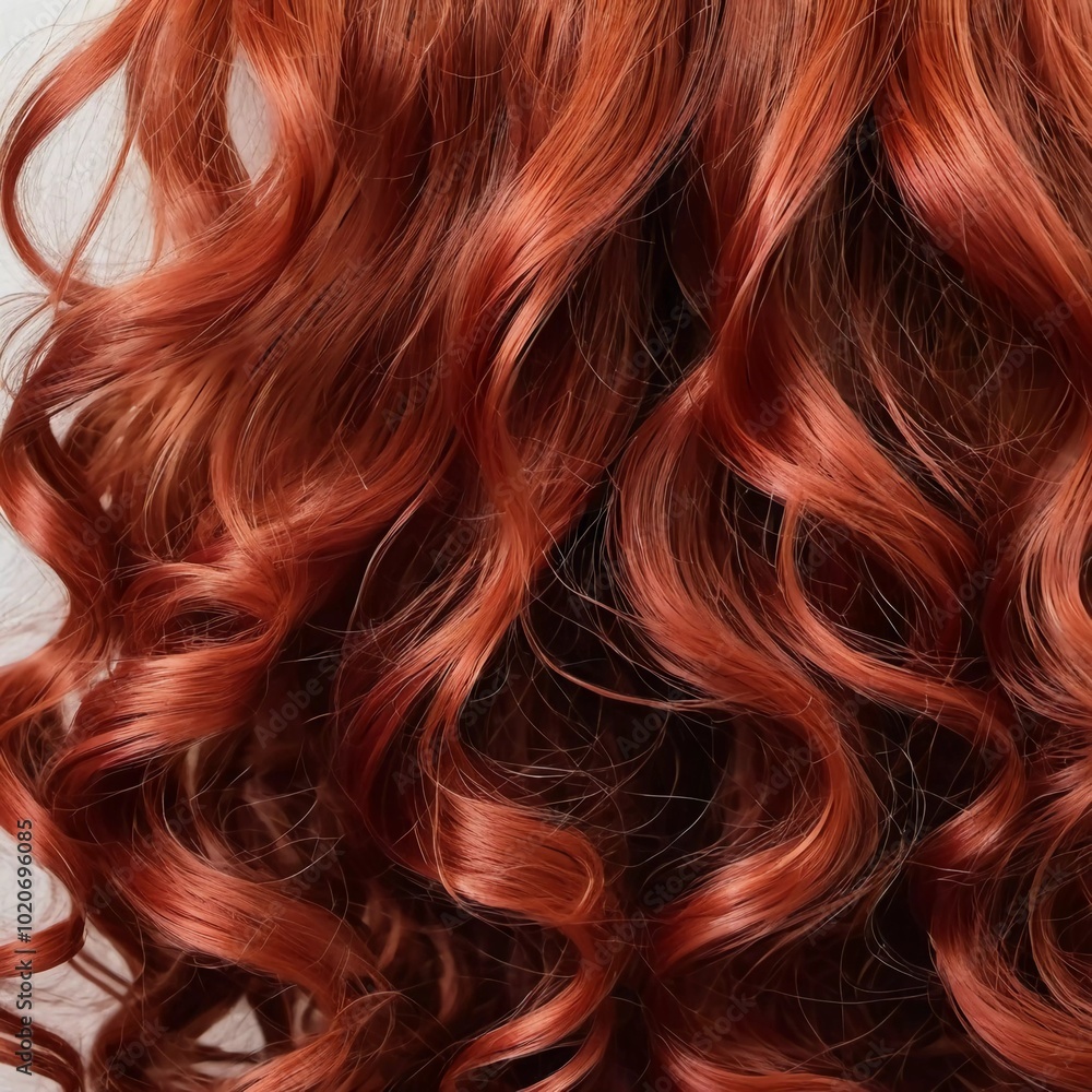 Naklejka premium Close-up showcases radiant bright red hair with defined curls, capturing glossy texture and natural shine under soft lighting. Intricate details of each curl enhance the overall beauty. Generative AI