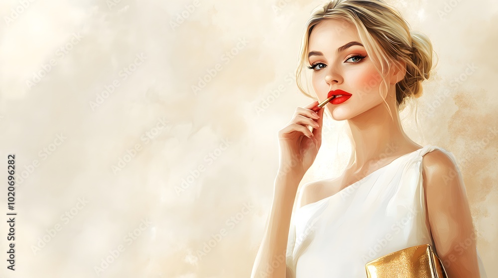 A beautiful woman is applying lipstick, holding an open gold bag in her hand and wearing white A beautiful woman is applying lipstick, holding an open gold bag in her hand and wearing white