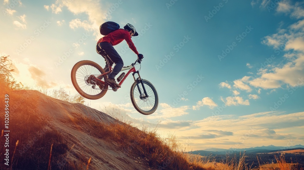Obraz premium Mountain Biker Soaring Over the Horizon