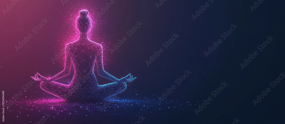 young women seats in lotos position and meditates. Low poly wireframe digital yoga and meditation young women seats in lotos position and meditates. Low poly wireframe digital yoga and meditation