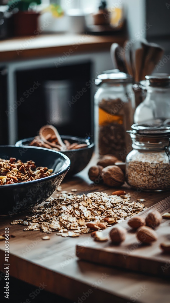 A cozy kitchen scene with oats, nuts, and jars filled with wholesome ingredients on a wooden table, perfect for healthy cooking. A cozy kitchen scene with oats, nuts, and jars filled with wholesome ingredients on a wooden table, perfect for healthy cooking.