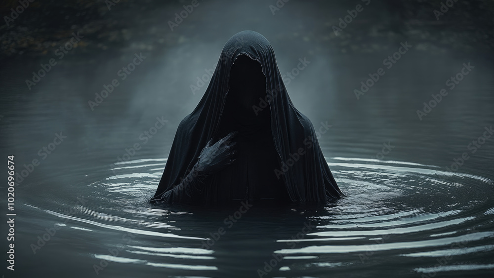 Mysterious Hooded Figure Emerging from Dark Water Mysterious Hooded Figure Emerging from Dark Water