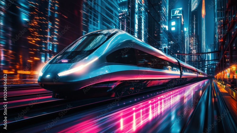 Futuristic High-Speed Train in Neon City at Night Futuristic High-Speed Train in Neon City at Night
