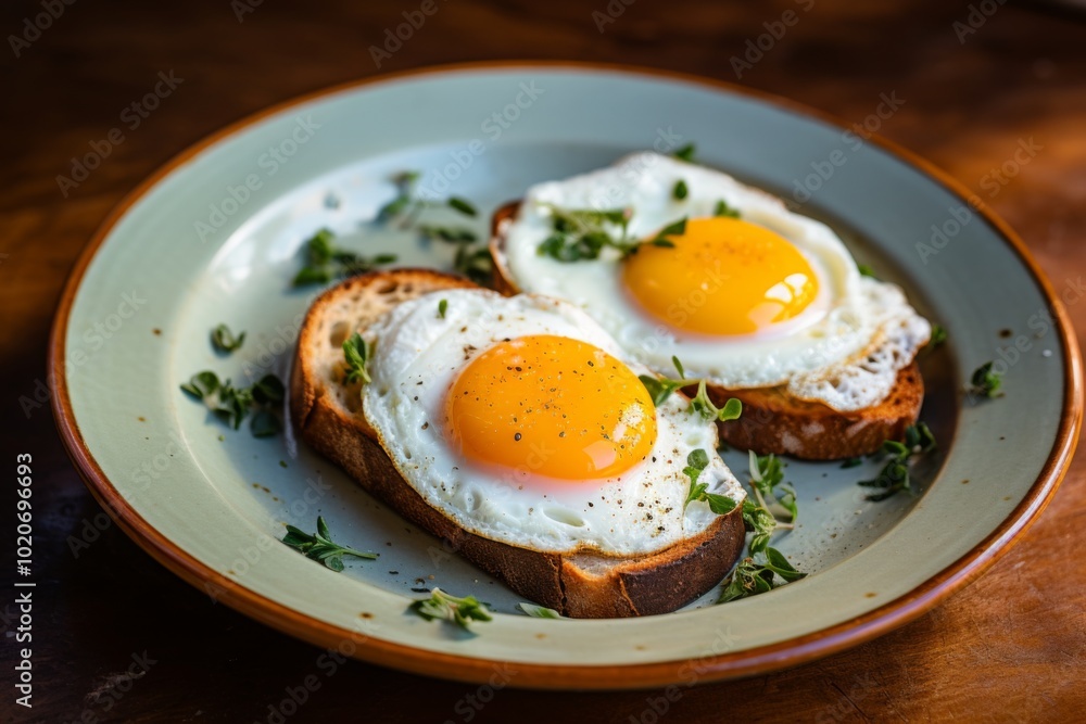 Pair of fried sunny up eggs on plate Pair of fried sunny up eggs on plate