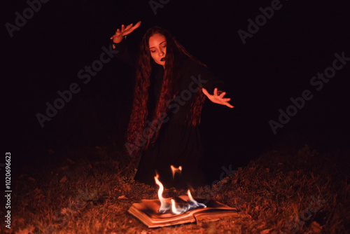 Witch casts a spell over a burning book, mysticism, Halloween, goth woman photo