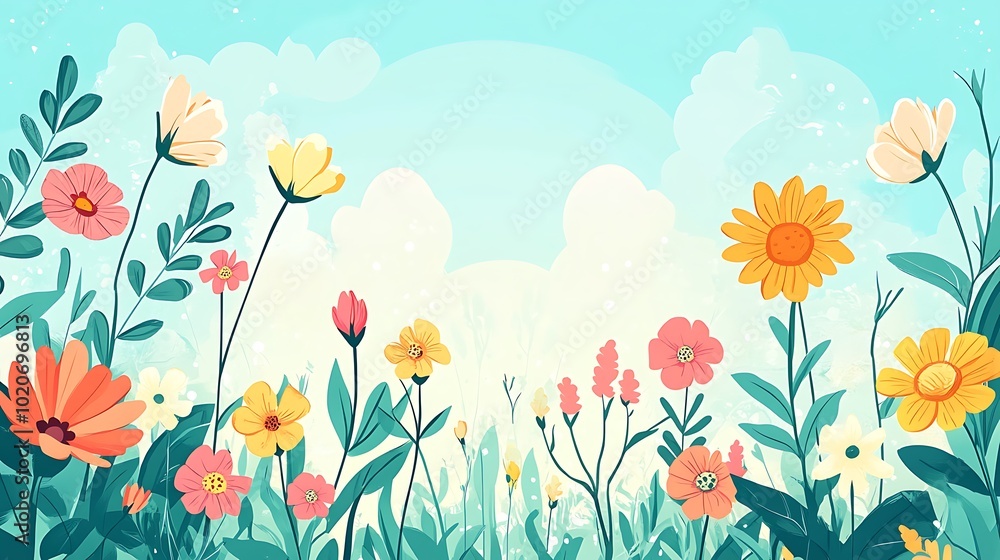 Colorful Flowers in a Field Under a Blue Sky with White Clouds Colorful Flowers in a Field Under a Blue Sky with White Clouds