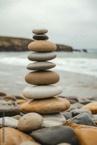 Balanced zen stones by the ocean