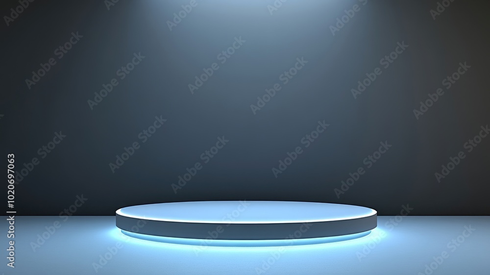 Circular Platform with Glowing Blue Light in a Dark Room Circular Platform with Glowing Blue Light in a Dark Room