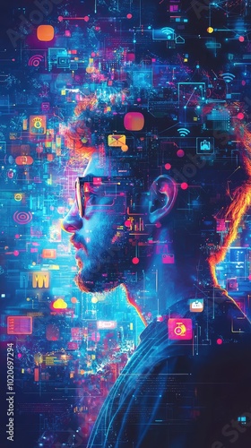 A creative portrait of a young man with digital imagery, representing innovation, technology, and imagination in a vibrant color scheme. photo