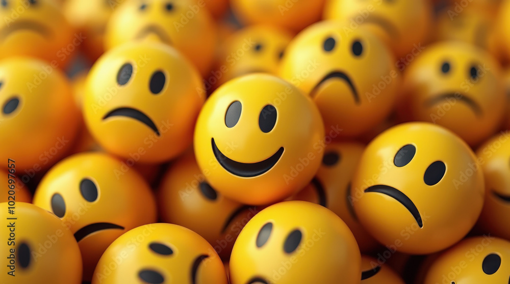 Vibrant Yellow Smiley Emoji Standing Out in a Crowd of Sad Faces | Image Highlighting Positive Emotion Amid Negativity Vibrant Yellow Smiley Emoji Standing Out in a Crowd of Sad Faces | Image Highlighting Positive Emotion Amid Negativity