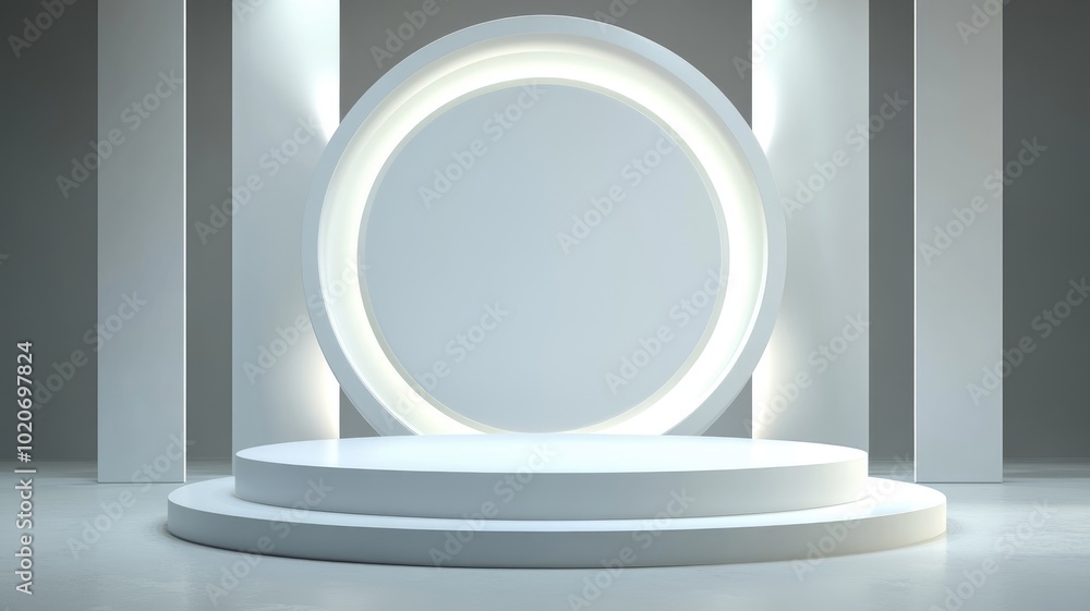White Platform With Circular Backdrop In A Minimalist Studio White Platform With Circular Backdrop In A Minimalist Studio
