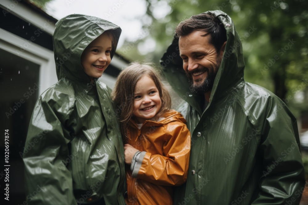 Fototapeta premium Portrait of a family smiling in front of house while raining