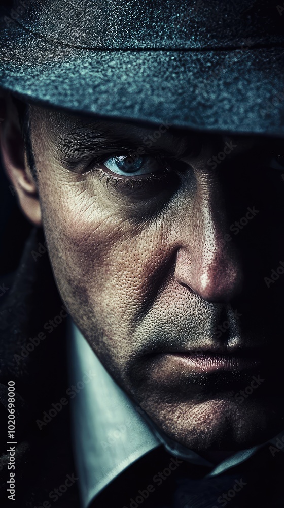 A dramatic portrait capturing a serious man wearing a hat, conveying intensity and intrigue through his expressive gaze. A dramatic portrait capturing a serious man wearing a hat, conveying intensity and intrigue through his expressive gaze.