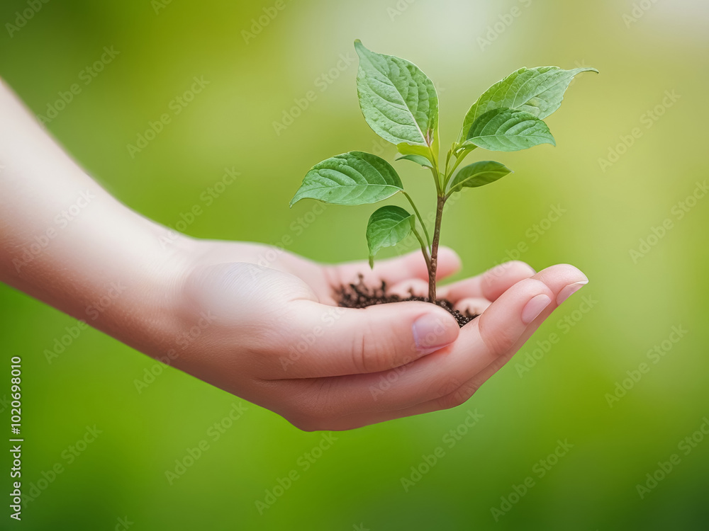girl's hand holding a green sprout on her palm girl's hand holding a green sprout on her palm
