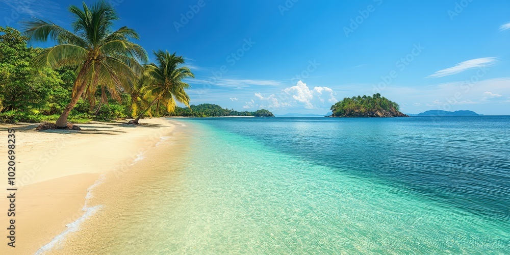 Fototapeta premium Tropical beach paradise with palm trees and turquoise waters
