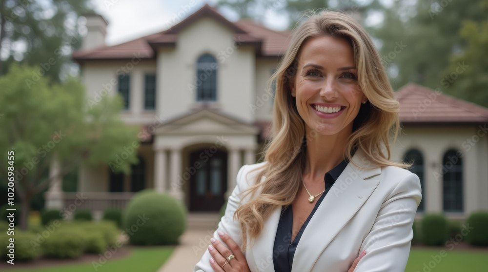 Professional Real Estate Agent Portrait of Confident Female Realtor in Front of Luxury Home for Real Estate Marketing Professional Real Estate Agent Portrait of Confident Female Realtor in Front of Luxury Home for Real Estate Marketing