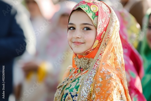 Young girl in colorful traditional attire at cultural festival photo