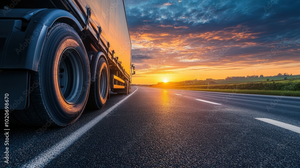 Sunset highway drive with truck on the road Sunset highway drive with truck on the road