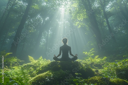 A solitary figure meditating in a serene forest, perfect for Mental Health Day promotion, mindfulness retreats, or wellness blogs focusing on inner peace and nature.