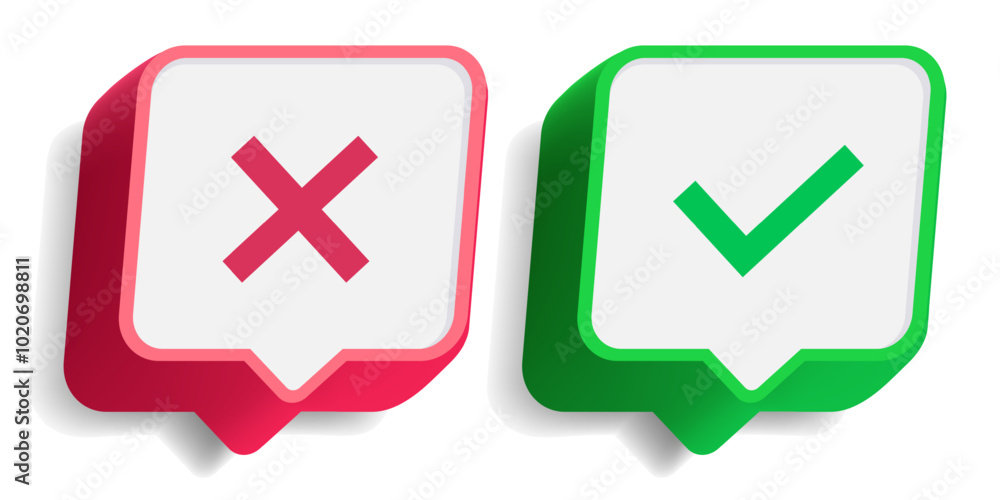 Check mark and cross sign set 3d style. Acceptance, rejection and attention symbol vector 10 eps Check mark and cross sign set 3d style. Acceptance, rejection and attention symbol vector 10 eps