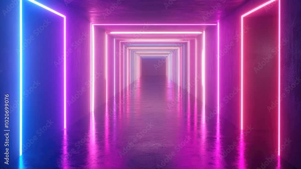Neon Lights Reflecting in a Wet, Empty Corridor Neon Lights Reflecting in a Wet, Empty Corridor