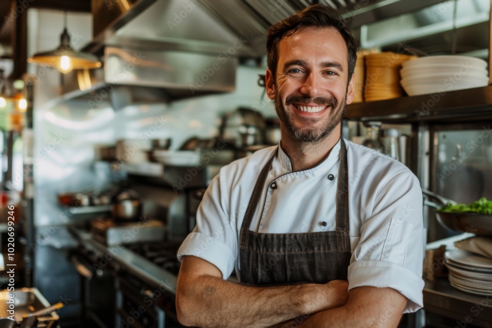 Portrait of a smiling American chef in restaurant kitchen Portrait of a smiling American chef in restaurant kitchen