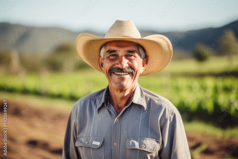 Fototapeta premium Portrait of a smiling Mexican farmer on a organic farmer
