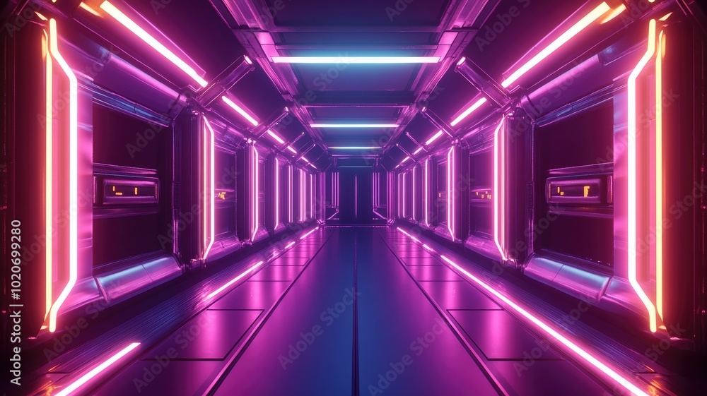 Futuristic Corridor Illuminated with Neon Lights Futuristic Corridor Illuminated with Neon Lights