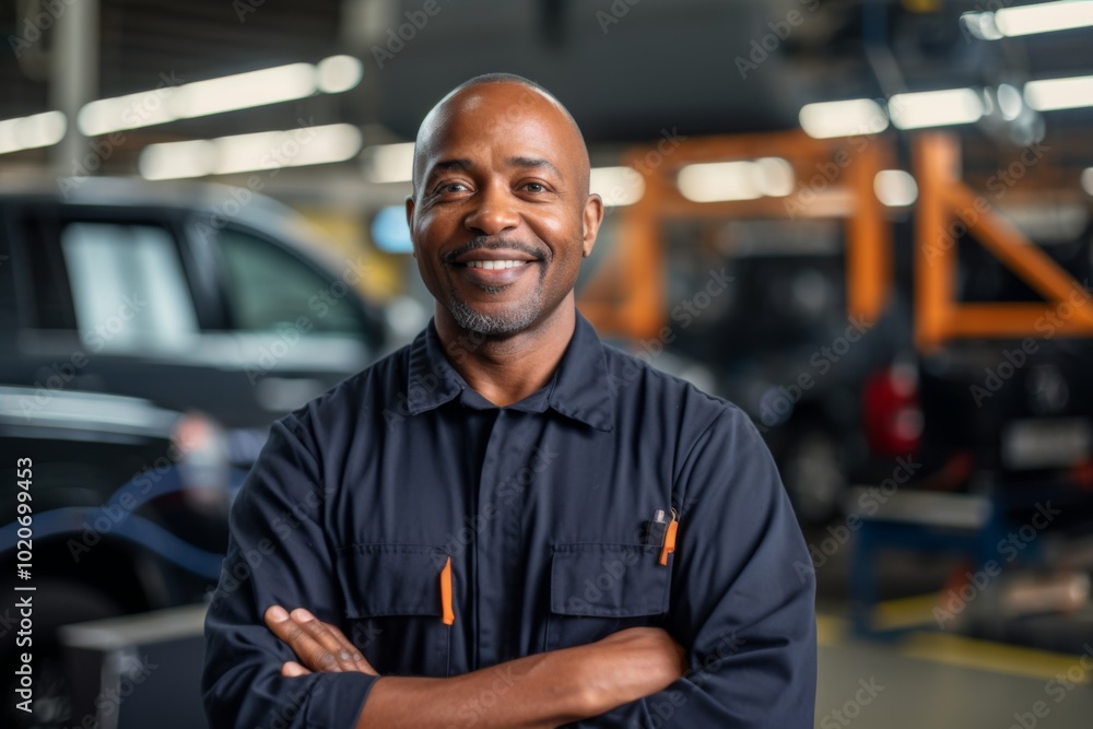 Portrait of a middle aged male mechanic in car shop Portrait of a middle aged male mechanic in car shop
