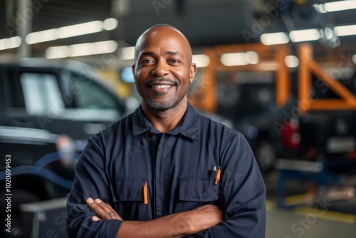 Portrait of a middle aged male mechanic in car shop