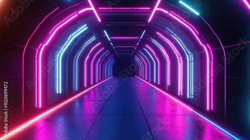 Futuristic Tunnel Illuminated by Vibrant Pink and Blue Neon Lights