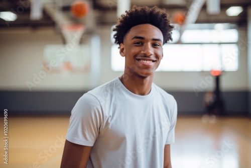 Smiling portrait of a teenage male African American basketball player