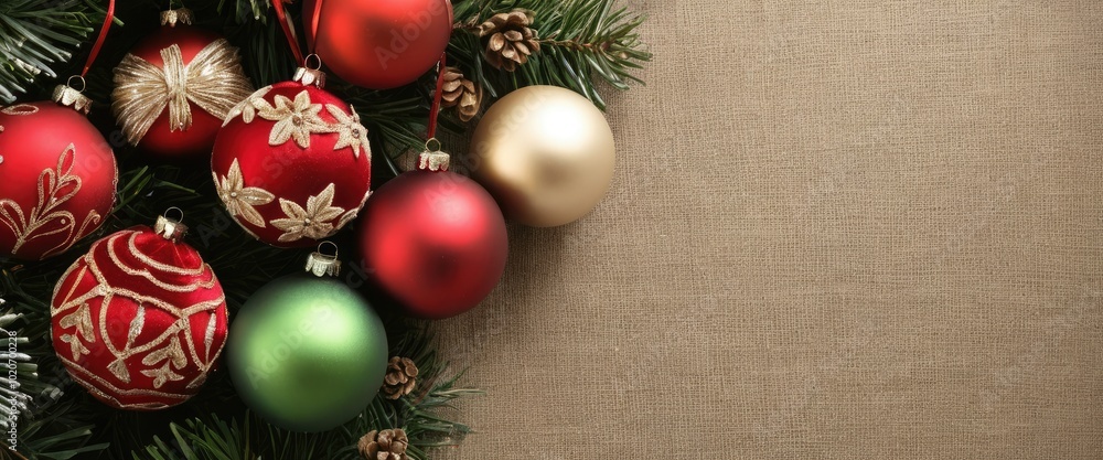 Festive Christmas Ornaments on Textured Burlap Holiday Background with Pine Cones and Green Branches Festive Christmas Ornaments on Textured Burlap Holiday Background with Pine Cones and Green Branches
