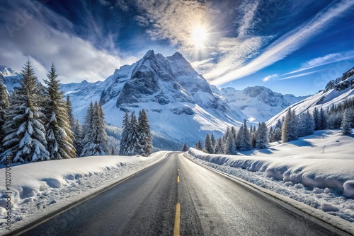 Forced perspective winter landscape scene of snowy mountain road