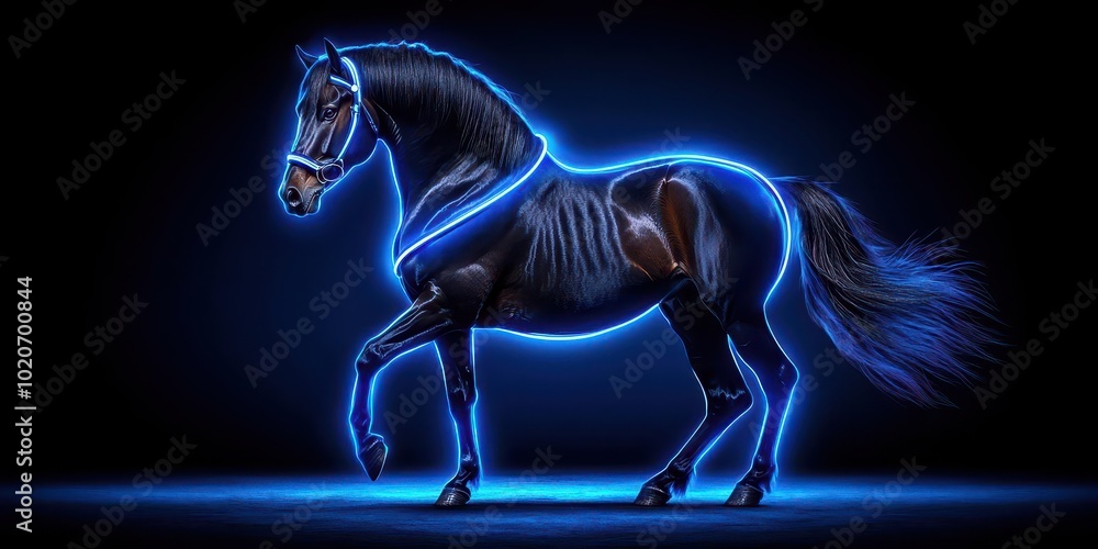 A glowing blue outline of a majestic horse on a dark background. A glowing blue outline of a majestic horse on a dark background.